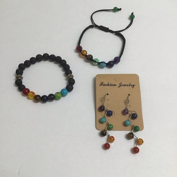 Chakra Bracelets Earrings LOT Healing Balance Lava Bead Stone for Oils Yoga Boho - Picture 6 of 9